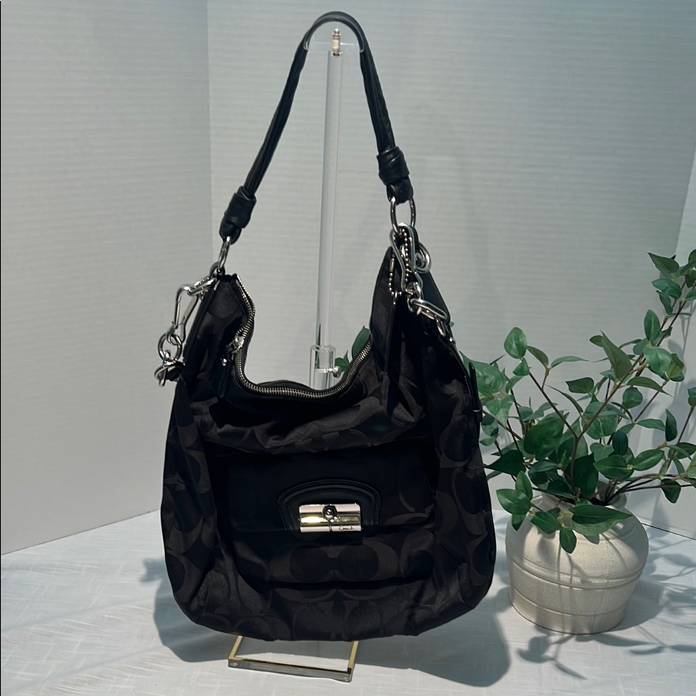 Coach Authentic Kristin Black Two-Way Leather Satin Signature Bag